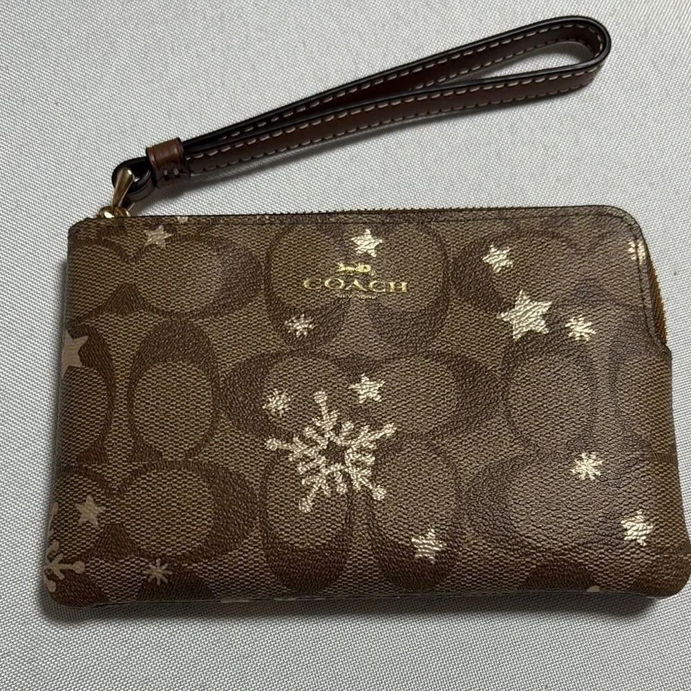 Coach Brown Wristlet with Snowflake Accents